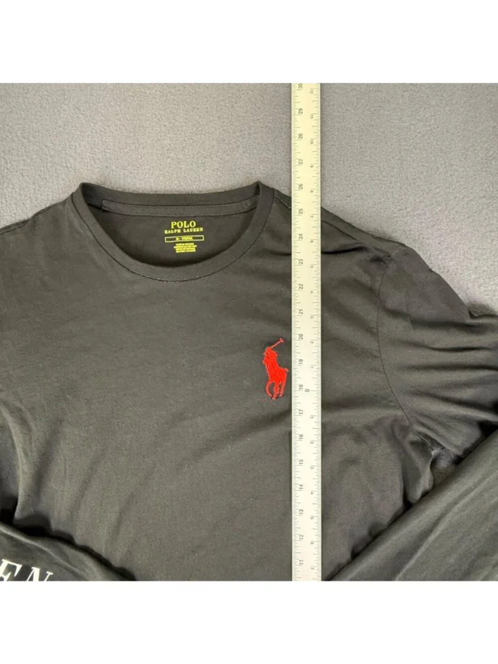 Polo Ralph Lauren Long Sleeve T-Shirt Black Big Pony Sleeve Print Mens Med EUC